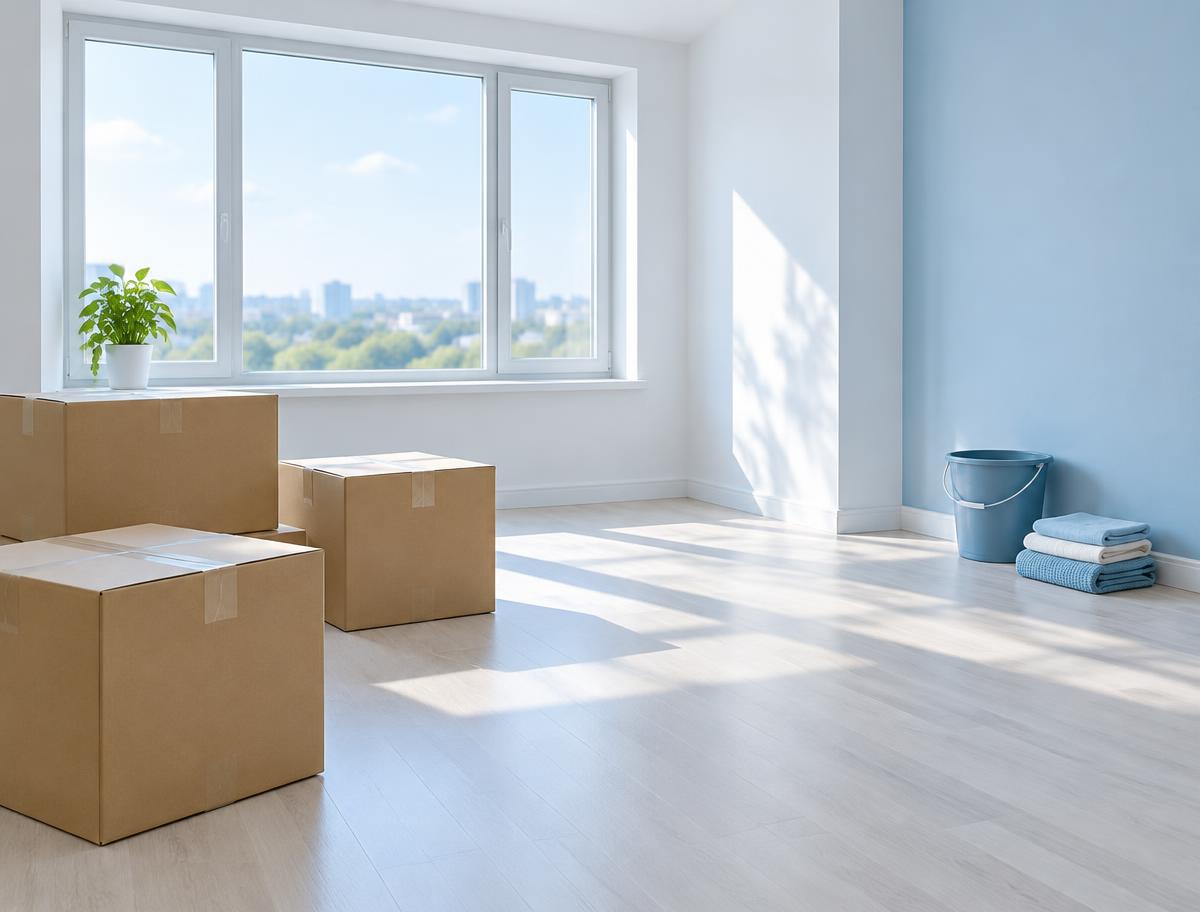 Apartamento vazio com caixas de mudança e balde